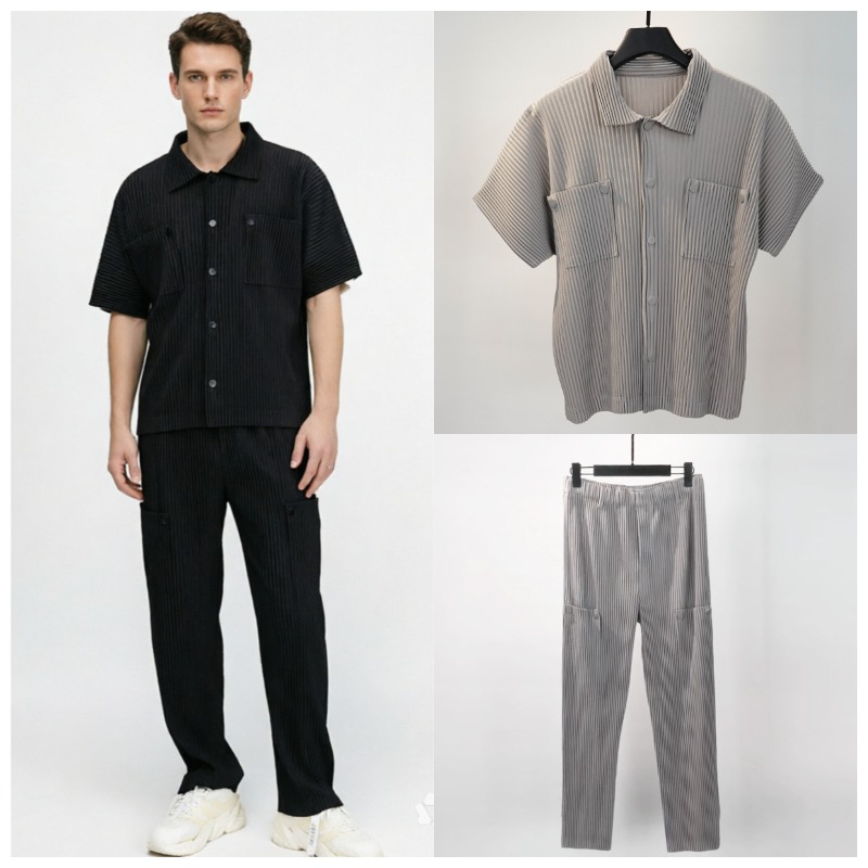Summer Clothing Sets Men - Completo Camicia Plissettata Miyake Uomo 2026
